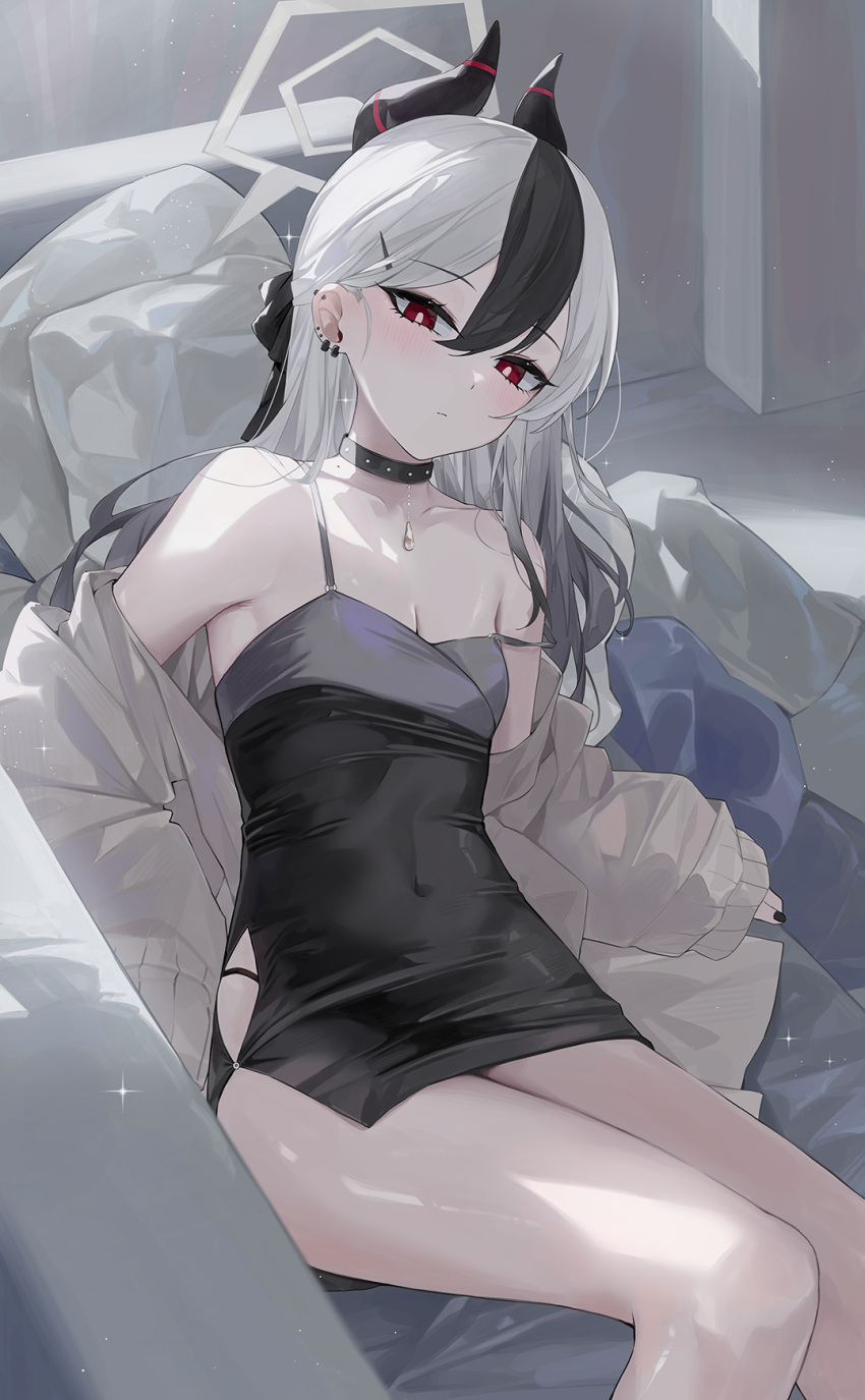 1girl bare_legs black_choker black_dress black_panties blue_archive blush breasts bright_pupils cardigan choker cleavage clothing_cutout collarbone covered_navel dema_hmw demon_horns dress ear_piercing earrings feet_out_of_frame fingernails grey_cardigan hair_between_eyes halo highres horns indoors jewelry kayoko_(blue_archive) kayoko_(dress)_(blue_archive) looking_at_viewer nail_polish official_alternate_costume panties piercing red_eyes revision sleeveless sleeveless_dress small_breasts solo strap_slip string_panties stud_earrings underwear white_pupils