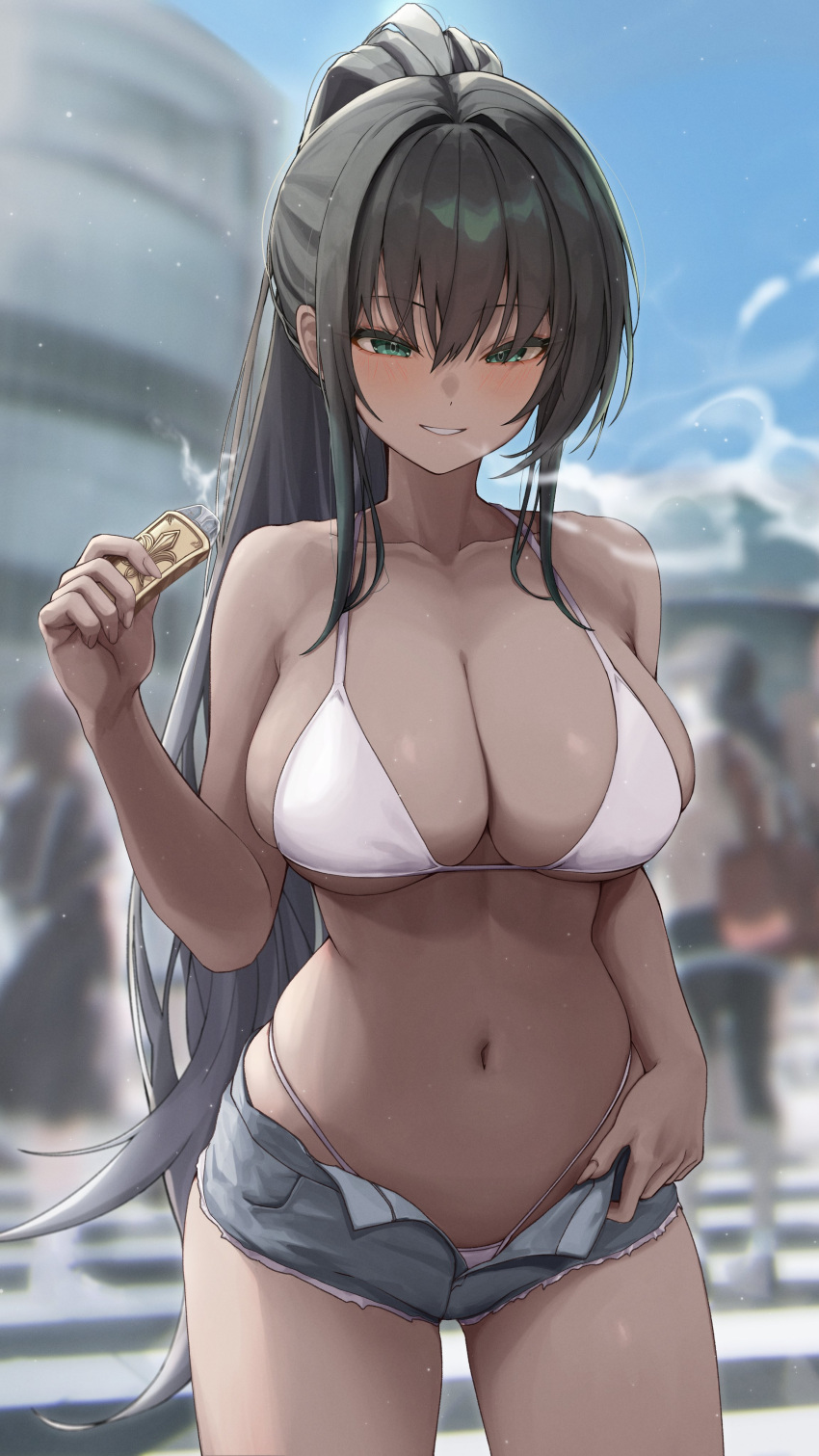 1girl absurdres bikini black_hair blurry blurry_background breasts collarbone commentary_request dark-skinned_female dark_skin green_eyes grin gwan-e highres large_breasts long_hair navel original outdoors short_shorts shorts smile solo swimsuit thighs white_bikini