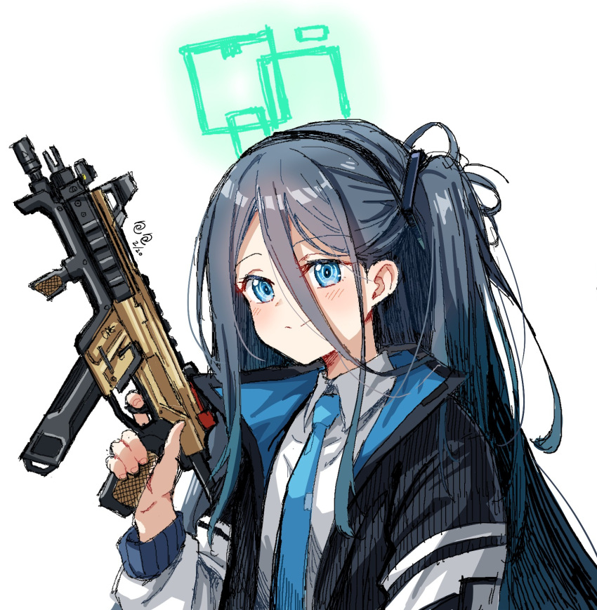 1girl absurdly_long_hair aris_(blue_archive) black_hair black_hairband blue_archive blue_eyes blue_necktie blush chubb closed_mouth collared_shirt dated green_halo gun hairband halo highres holding holding_gun holding_weapon jacket long_hair long_sleeves necktie one_side_up open_clothes open_jacket shirt signature simple_background smile solo upper_body very_long_hair weapon white_background white_jacket white_shirt