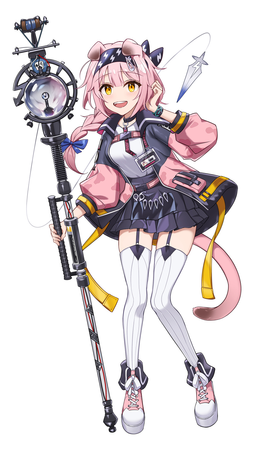 1girl absurdres animal_ears arknights black_hairband black_jacket black_skirt cat_ears cat_girl cat_tail floppy_ears full_body goldenglow_(arknights) hairband highres holding holding_weapon id_card jacket lightning_bolt_print long_hair looking_at_viewer multicolored_clothes multicolored_jacket open_mouth pink_footwear pink_hair pink_jacket print_hairband scottish_fold shirt simple_background skirt solo standing tail thighhighs two-tone_jacket weapon white_background white_shirt white_thighhighs yellow_eyes yeong_r6