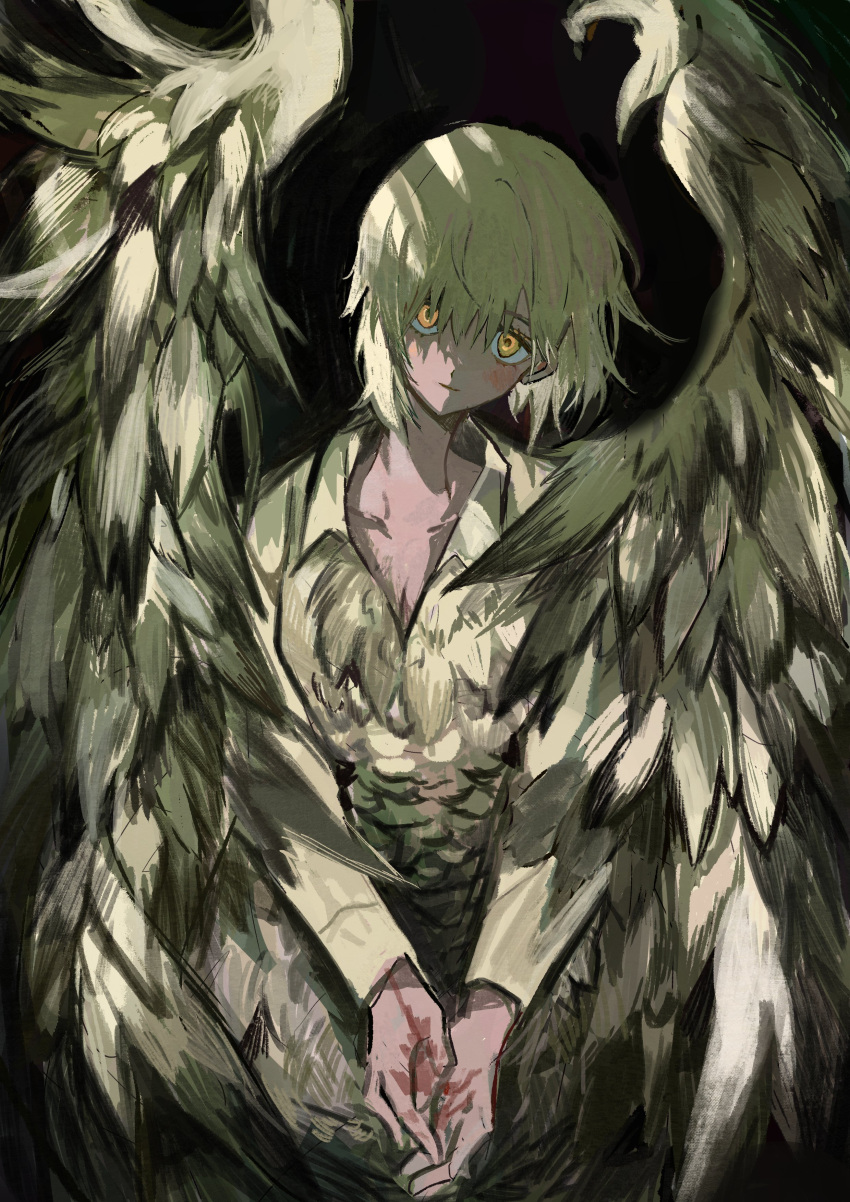 12anchovy 1girl absurdres black_background blonde_hair blood blood_on_hands chimera closed_mouth collarbone collared_shirt dungeon_meshi falin_thorden falin_thorden_(chimera) feathered_wings hair_between_eyes head_tilt highres long_sleeves looking_at_viewer monster_girl own_hands_together painterly shirt short_hair sitting solo wings yellow_eyes yellow_shirt yellow_wings