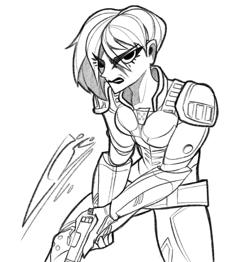 1girl absurdres angry belt bent_over biting_own_lip breasts donii13865126 elbow_gloves gloves gun handgun highres holding holding_gun holding_weapon lineart lips long_eyelashes monochrome neck short_hair spread_legs standing tamora_jean_calhoun weapon wreck-it_ralph