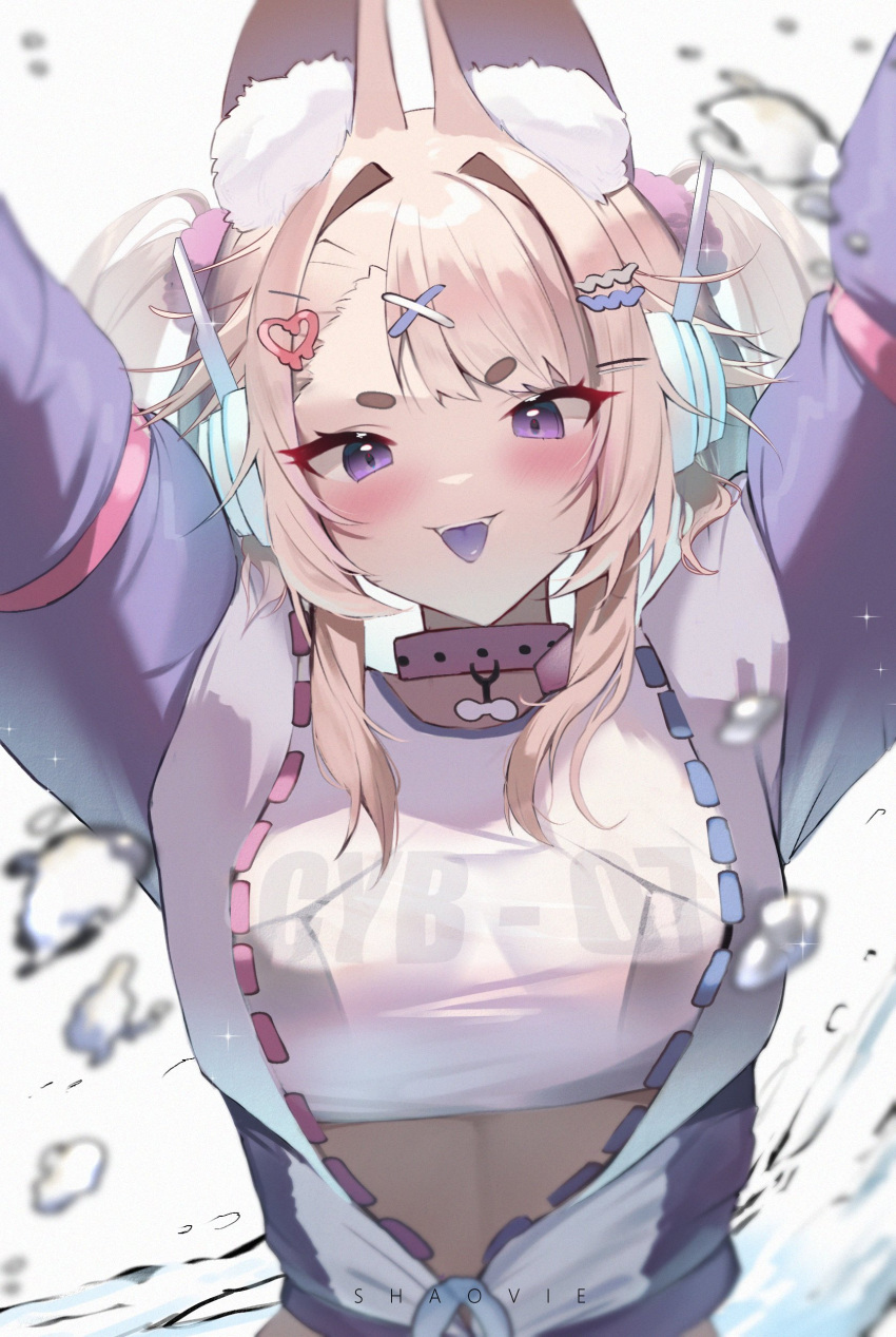 1girl absurdres animal_ear_fluff animal_ears arms_up artist_name black_bra blonde_hair blush bra breasts collar colored_tongue dog_ears dog_girl fangs german_commentary hair_intakes highres indie_virtual_youtuber looking_at_viewer pink_collar purple_eyes purple_tongue see-through shaoviie short_twintails solo sparkle thick_eyebrows tongue tongue_out twintails underwear upper_body virtual_youtuber white_background