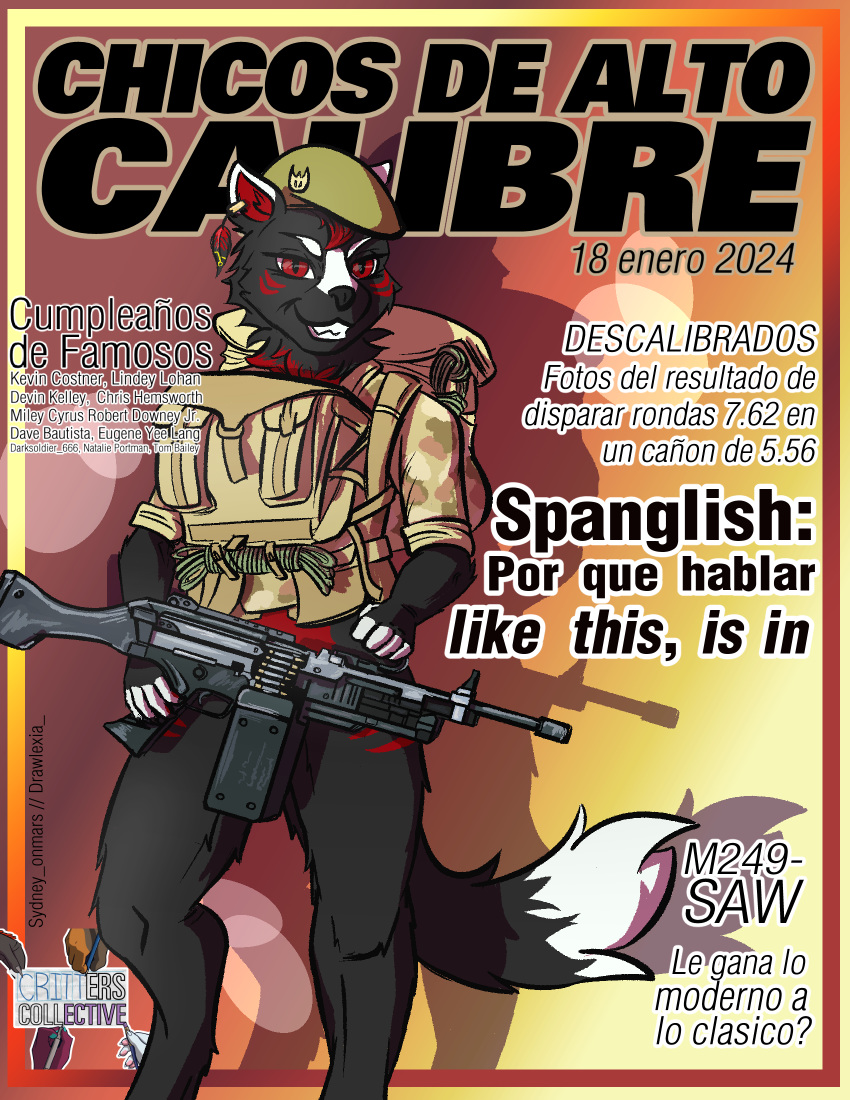 anthro black_body black_fur bottomless canid canine canis clothed clothing covering fur gun hi_res looking_at_viewer male mammal military_uniform pinup pose ralexia ranged_weapon smile smiling_at_viewer solo spanish_text suggestive sydney_onmars text translation_check translation_request uniform weapon wolf