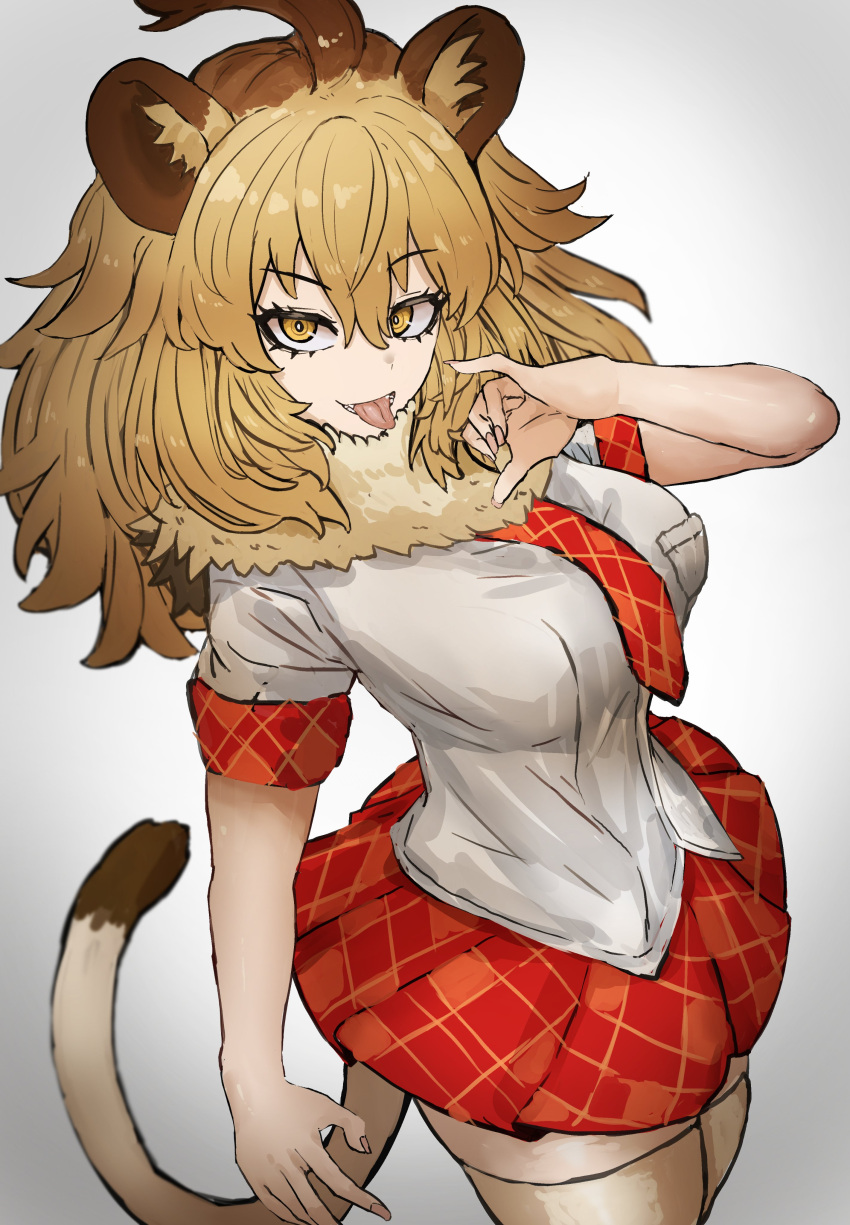 1girl absurdres adeshi_(adeshi0693119) animal_ears brown_eyes brown_hair extra_ears grey_background highres kemono_friends lion_(kemono_friends) lion_ears lion_girl lion_tail long_hair looking_at_viewer necktie scarf shirt simple_background skirt solo tail thighhighs