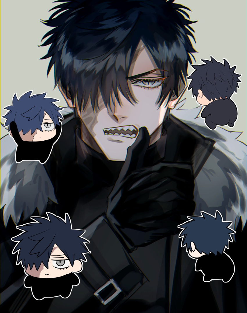 1boy black_gloves burn_scar chibi chibi_inset coat domo_(domo_kizusuki) fur-trimmed_coat fur_trim gloves grey_background grey_eyes hair_over_one_eye highres kokuryu_kai_(domo) looking_at_viewer male_focus multiple_views open_mouth original scar scar_across_eye scar_on_face sharp_teeth simple_background spiked_hair teeth toned toned_male upper_body