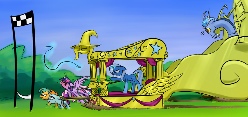 antler antlers bed blue_hair cutie_mark discord_(mlp) draconequus equine eyes_closed female friendship_is_magic ginger_hair glowing gold grass green_hair group hair hat horn horse ice_bag levitation magic male mammal mud multi-colored_hair my_little_pony outside pony princess_cadance_(mlp) purple_eyes purple_hair red_eyes red_face sick sky snails_(mlp) snips_(mlp) strain sweat throne trixie_(mlp) twilight_sparkle_(mlp) two_tone_hair underpable unicorn whip white_hair winged_unicorn wings wizard_hat
