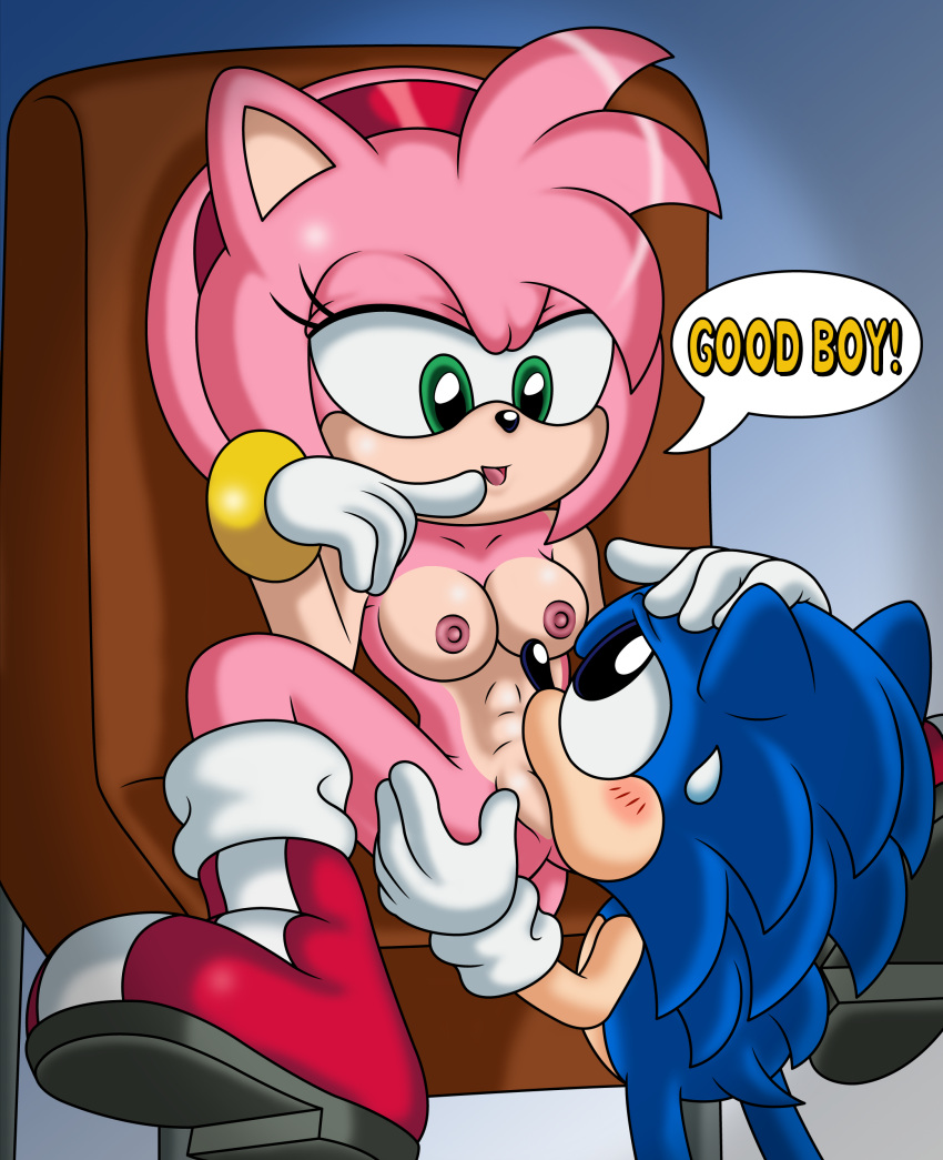 2017 abs absurd_res age_difference amy_rose anthro blush bodily_fluids boots boots_only breasts chair classic_sonic classic_sonic_(universe) clothing cunnilingus duo english_text eulipotyphlan eye_contact female footwear footwear_only furniture genitals gloves green_eyes hand_on_another's_head handwear hedgehog hi_res larger_female looking_at_another male male/female mammal mostly_nude nipples older_female oral pussy sega sex sitting size_difference small_breasts smaller_male sonic_the_hedgehog sonic_the_hedgehog_(series) sonictopfan sweat text vaginal younger_male