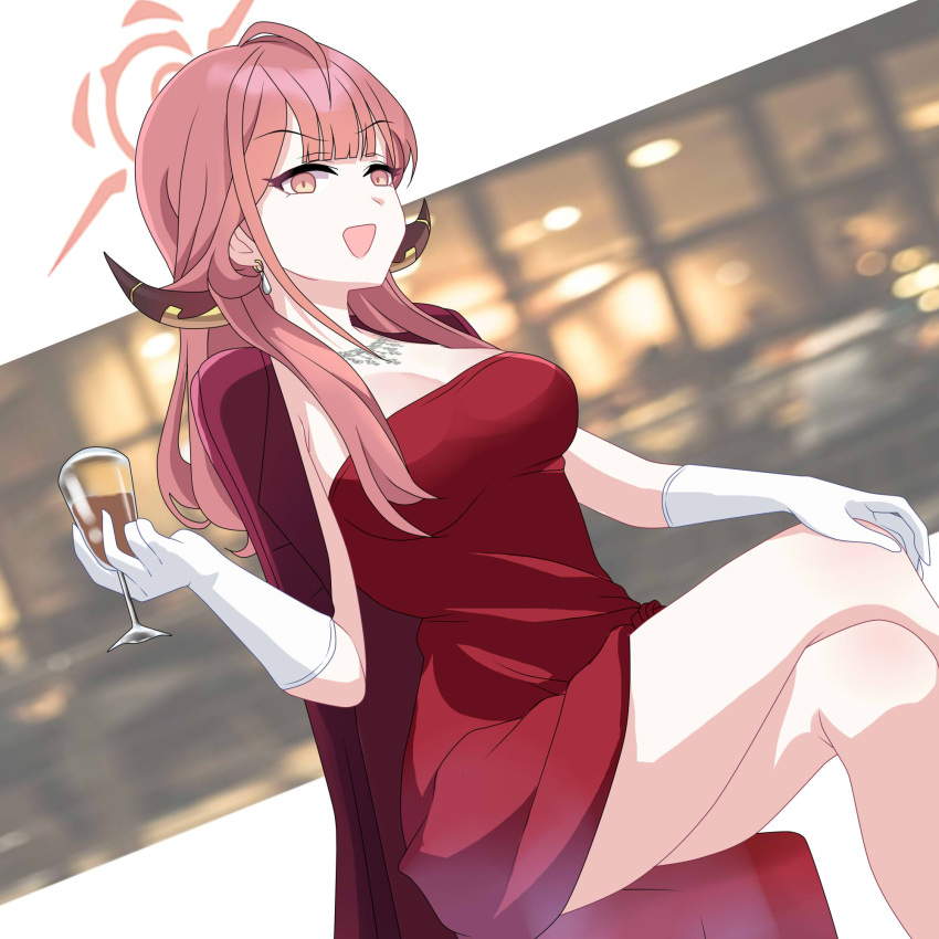 1girl aru_(blue_archive) aru_(dress)_(blue_archive) blue_archive breasts cleavage coat coat_on_shoulders commentary commentary_request cup demon_horns dress drink dutch_angle earrings evening_gown gloves halo highres holding holding_cup holding_drink horns jewelry large_breasts long_hair looking_at_viewer maxwelzy open_mouth pink_eyes pink_hair red_coat red_dress sitting solo upper_body white_gloves