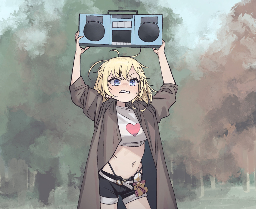 1girl bikini bikini_under_shorts black_bikini blonde_hair blue_eyes boombox hair_ornament heart highleg highleg_bikini highres hololive hololive_english hololive_summer_2023_swimsuit jacket looking_at_viewer medium_hair messy_hair monocle open_mouth say_anything... shirt short_shorts shorts solo swimsuit virtual_youtuber watson_amelia white_shirt zedd_(zedgawr)