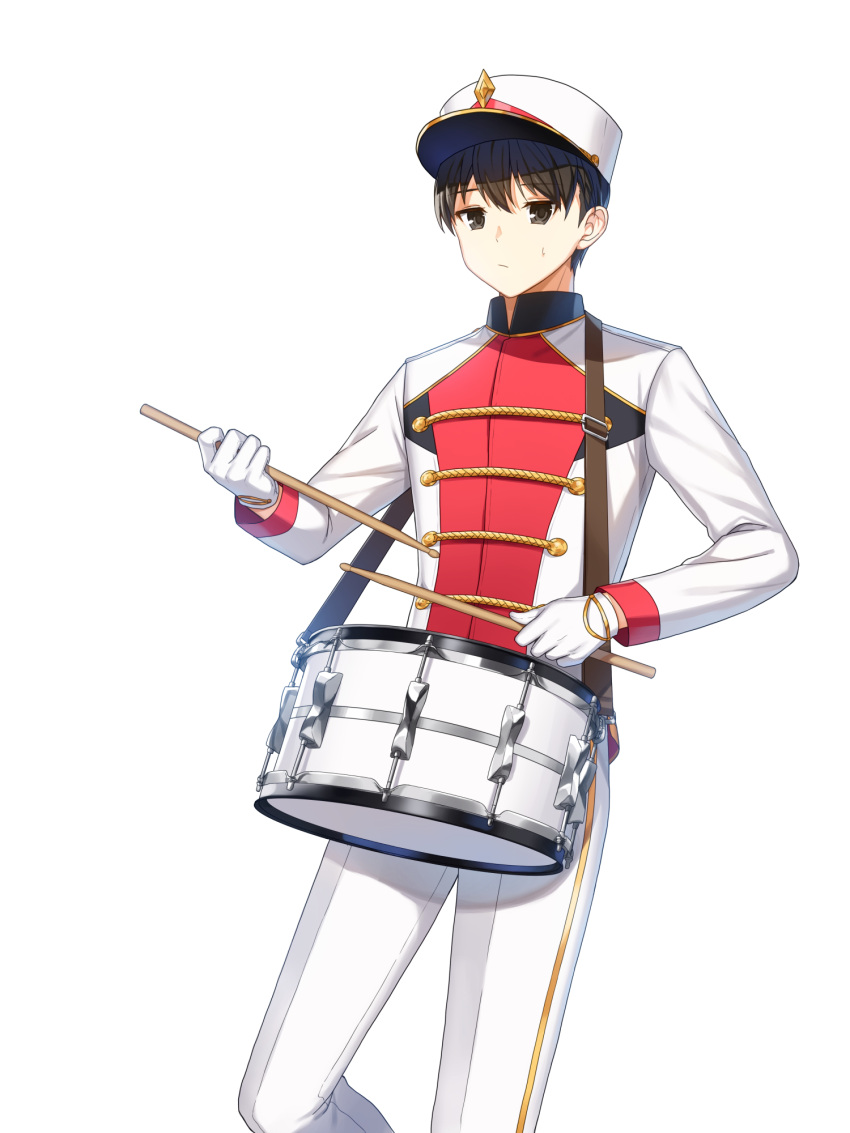 1boy :/ band_uniform black_eyes black_hair buttons closers collared_jacket cowboy_shot double-breasted drumsticks gloves hat high_collar highres holding holding_drumsticks jacket leg_up long_sleeves looking_at_viewer male_focus marching_band official_art pants seha_lee shako_cap short_hair single_vertical_stripe snare_drum solo standing standing_on_one_leg sweat uniform white_background white_gloves white_headwear white_jacket white_pants