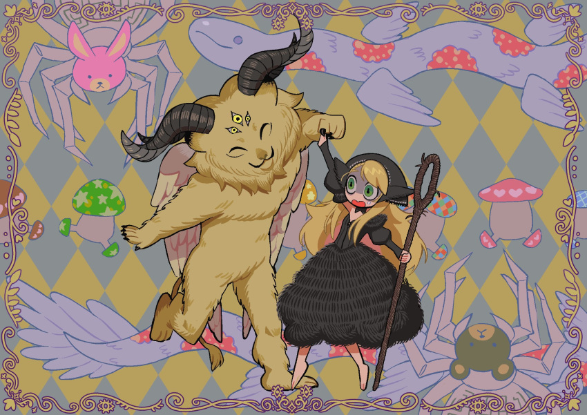 1girl argyle argyle_background bare_shoulders barefoot black_corset black_hood blonde_hair bug commentary_request corset couatl_(dungeon_meshi) dancing demon demon_horns detached_hood detached_sleeves dress dungeon_meshi ear_covers extra_eyes floral_print fur-trimmed_dress fur_trim giant_spider green_eyes grid_print heart heart_print highres holding holding_staff horns korean_commentary lau_(laustar30) lion long_hair marcille_donato marcille_donato_(dungeon_lord) open_mouth puffy_detached_sleeves puffy_sleeves smile snake spider spoilers staff star_(symbol) star_print stuffed_animal stuffed_toy sweatdrop symbol-shaped_pupils very_long_hair walking_mushroom_(dungeon_meshi) white_snake winged_lion_(dungeon_meshi) wings yellow_eyes yellow_fur