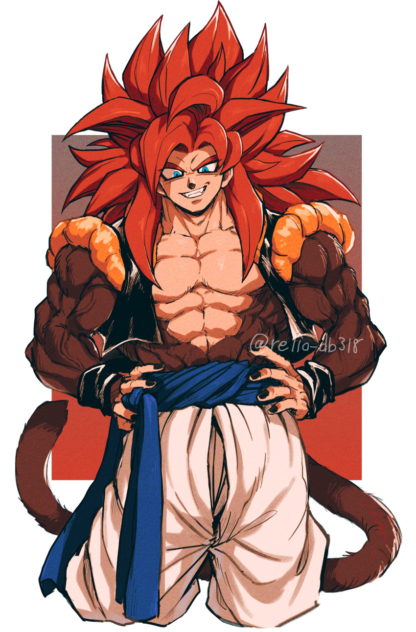 1boy absurdres biceps black_wristband blue_eyes blue_sash body_fur dragon_ball dragon_ball_gt gogeta highres looking_at_viewer male_focus metamoran_vest monkey_boy monkey_tail muscular muscular_male no_nipples pants pectorals red_hair relio_db318 sash simple_background smile solo spiked_hair super_saiyan super_saiyan_4 tail veins veiny_hands white_pants