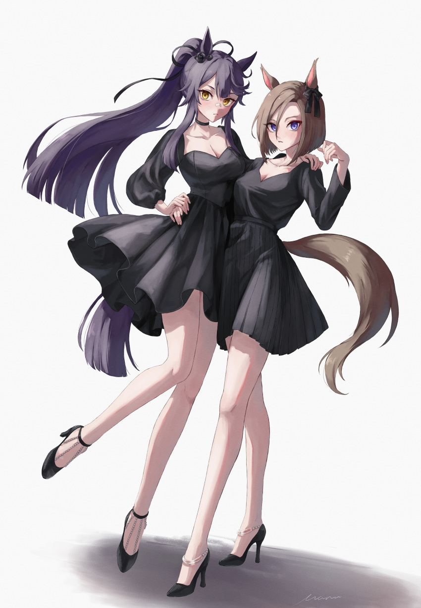 2girls absurdres air_groove_(umamusume) alternate_costume arm_around_waist bandaid bandaid_on_face bandaid_on_nose black_dress black_footwear black_hair breasts closed_mouth commentary_request dress ear_ornament full_body hair_between_eyes high_heels highres long_hair long_sleeves looking_at_viewer manunnu medium_breasts multiple_girls narita_brian_(umamusume) ponytail purple_eyes short_hair simple_background standing umamusume white_background yellow_eyes