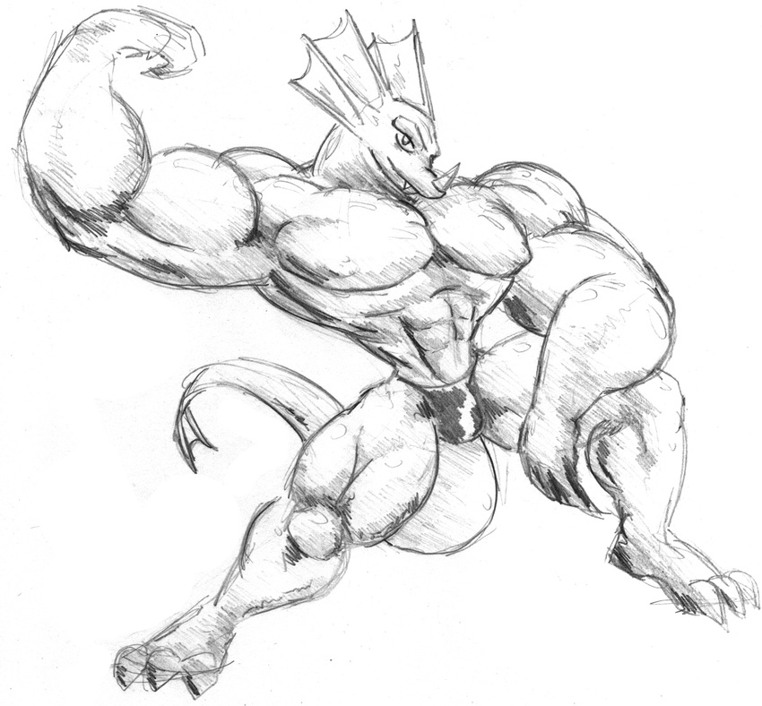 dragmon dragon greyscale invalid_tag male monochrome muscles plain_background white_background