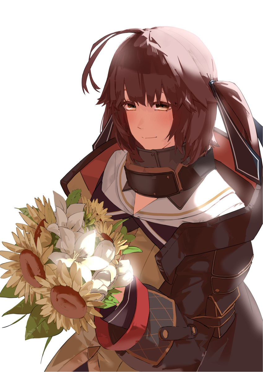 1girl absurdres antenna_hair asimo_(hakurei10201) black_jacket blush bouquet brown_hair brown_shirt flower girls'_frontline highres holding holding_bouquet jacket long_hair m14_(girls'_frontline) m14_(mod3)_(girls'_frontline) off_shoulder orange_eyes sailor_collar shirt smile solo sunflower twintails upper_body white_background white_lily