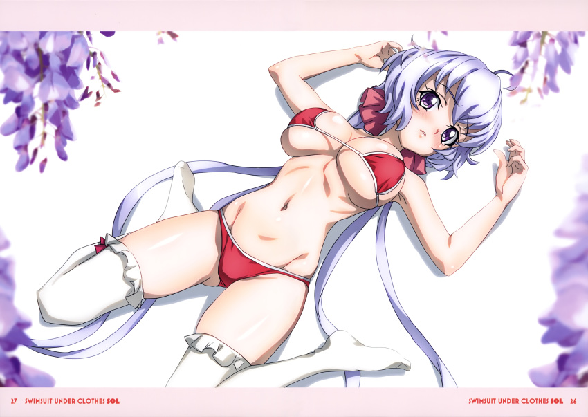 1girl absurdres ahoge bikini blush breasts eyebrows_hidden_by_hair flower fujikawa_daichi groin hair_ribbon highres large_breasts long_hair looking_at_viewer lying navel on_back pink_ribbon purple_flower red_bikini ribbon senki_zesshou_symphogear simple_background sitting solo stomach swimsuit thighhighs thighs very_long_hair wariza white_background white_hair white_thighhighs yukine_chris