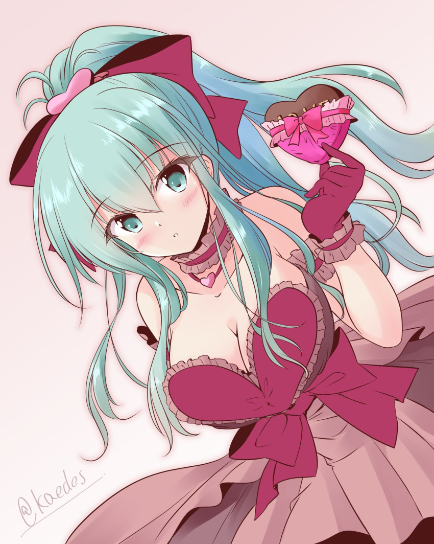 1girl alternate_costume alternate_hairstyle aqua_eyes aqua_hair breasts candy chocolate choker cleavage commentary_request dress food frilled_choker frilled_dress frilled_gloves frills gloves hair_ribbon heart heart-shaped_chocolate highres kantai_collection long_hair medium_breasts pink_gloves ponytail ribbon shizuna_kaede sidelocks solo strapless strapless_dress suzuya_(kancolle)