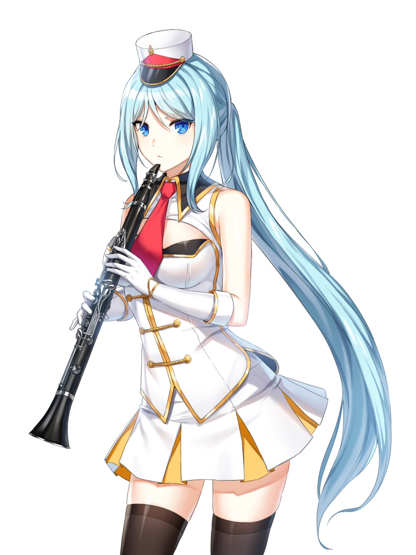 1girl :/ band_uniform bare_shoulders black_thighhighs blue_eyes blue_hair breasts buttons clarinet cleavage_cutout closed_mouth closers clothing_cutout collared_jacket cowboy_shot double-breasted fold-over_gloves gloves hands_up hat highres holding holding_instrument impossible_clothes impossible_jacket instrument jacket legs_apart long_hair looking_at_viewer looking_to_the_side marching_band medium_breasts mini_shako_cap miniskirt necktie official_art parted_bangs pleated_skirt ponytail red_necktie shako_cap sidelocks skirt sleeveless sleeveless_jacket solo standing thighhighs uniform very_long_hair violet_(closers) white_background white_gloves white_headwear white_jacket white_skirt wing_collar zettai_ryouiki