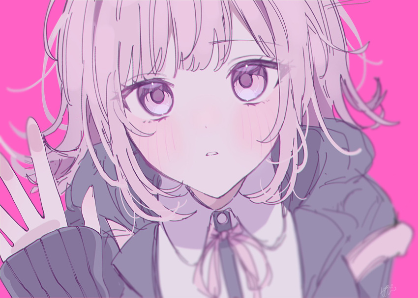 1girl black_shirt blush collared_shirt danganronpa_(series) danganronpa_2:_goodbye_despair flipped_hair hand_up highres long_sleeves messy_hair nanami_chiaki neck_ribbon no_hair_ornament parted_lips pink_background pink_eyes pote_(pote_39) ribbon shirt solo teeth two-tone_shirt white_shirt