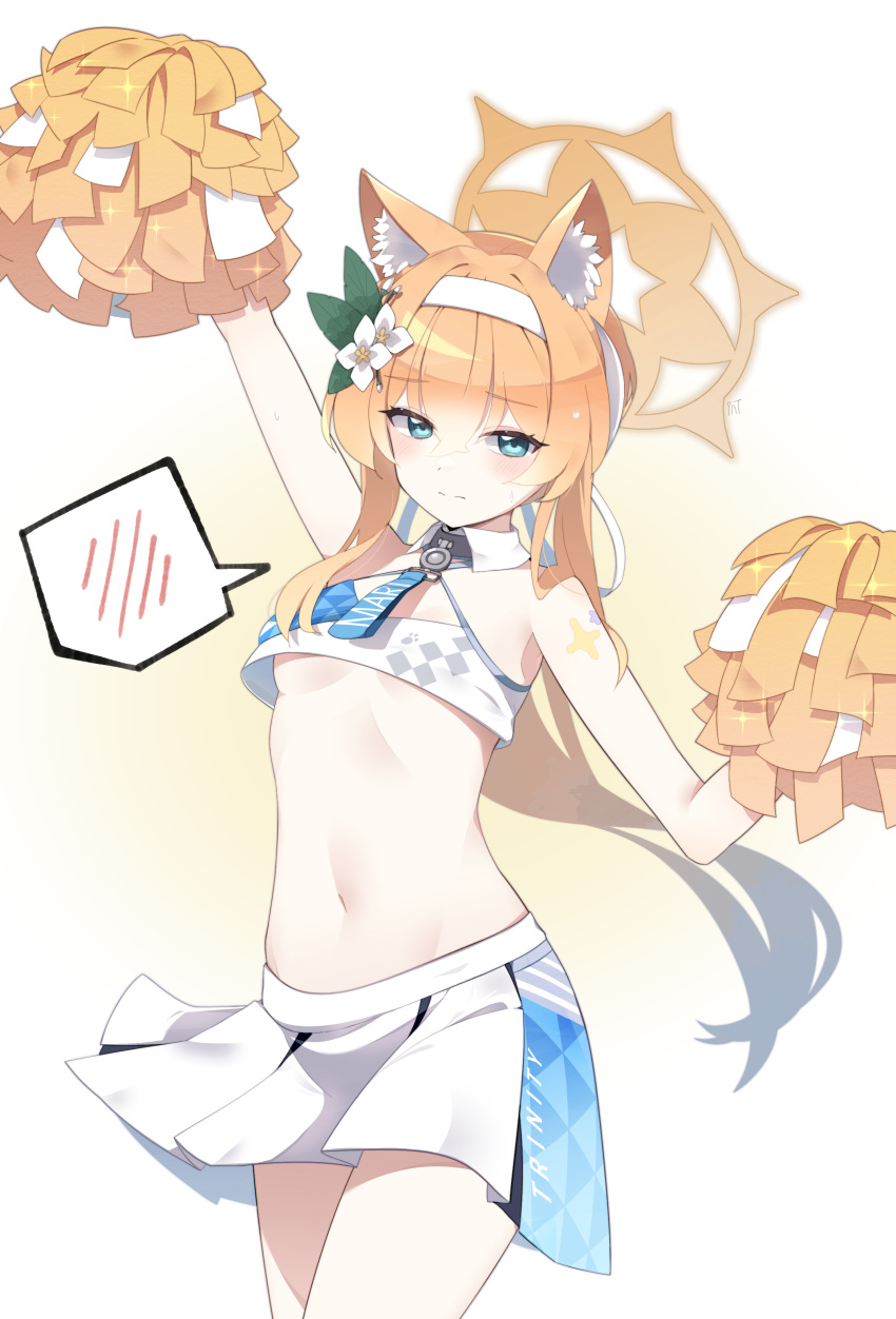 1girl absurdres alternate_costume animal_ear_fluff animal_ears arm_up blue_archive blush cheerleader cowboy_shot crop_top embarrassed flower hair_flower hair_ornament hairband halo hands_up headband hesh183 highres holding holding_pom_poms long_hair mari_(blue_archive) mari_(track)_(blue_archive) midriff millennium_cheerleader_outfit_(blue_archive) muffin_top navel orange_hair pom_pom_(cheerleading) ponytail skirt sticker_on_arm two-tone_skirt white_flower white_hairband white_headband white_skirt yellow_halo