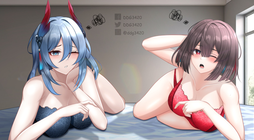 2girls absurdres breasts d.d.g_(ddg3420) hanya_(honkai:_star_rail) highres honkai:_star_rail honkai_(series) large_breasts long_hair morning multiple_girls short_hair siblings sisters sleepy xueyi_(honkai:_star_rail) yawning