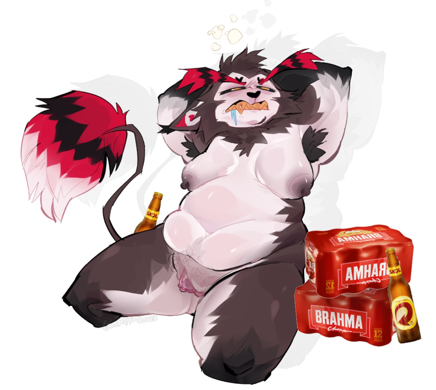 2024 alcohol anthro armpit_hair avian beer belly beverage big_belly big_breasts black_nipples black_nose black_tail_tuft bodily_fluids body_hair brahma_drink breasts brown_body brown_ears brown_fur brown_tail bubble catatex_69 clitoris demon digital_media_(artwork) drooling drunk drunk_bubble enlarged_clitoris eyebrows felid feline female fur genitals glistening glistening_belly glistening_breasts half-closed_eyes hands_behind_head hazbin_hotel hi_res husk_(hazbin_hotel) male_(lore) mammal multicolored_tail narrowed_eyes nipples overweight overweight_anthro pink_clitoris pink_pussy portrait pussy red_eyebrows red_inner_ear red_tail_tuft saliva sitting solo substance_intoxication tail tail_tuft tan_body tan_fur teeth three-quarter_portrait tuft white_tail_tuft yellow_teeth