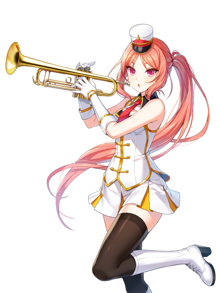 1girl :o band_uniform bare_shoulders black_thighhighs boots breasts buttons cleavage_cutout closers clothing_cutout collared_jacket cowboy_shot double-breasted fold-over_gloves gloves hands_up hat high_heels highres holding holding_instrument holding_trumpet instrument jacket knee_boots leg_up long_hair looking_at_viewer luna_aegis_(closers) marching_band mini_shako_cap miniskirt necktie official_art orange_hair parted_bangs pink_eyes pleated_skirt ponytail red_necktie shako_cap sidelocks skirt sleeveless sleeveless_jacket small_breasts solo standing standing_on_one_leg thighhighs trumpet uniform very_long_hair white_background white_footwear white_gloves white_headwear white_jacket white_skirt wing_collar zettai_ryouiki