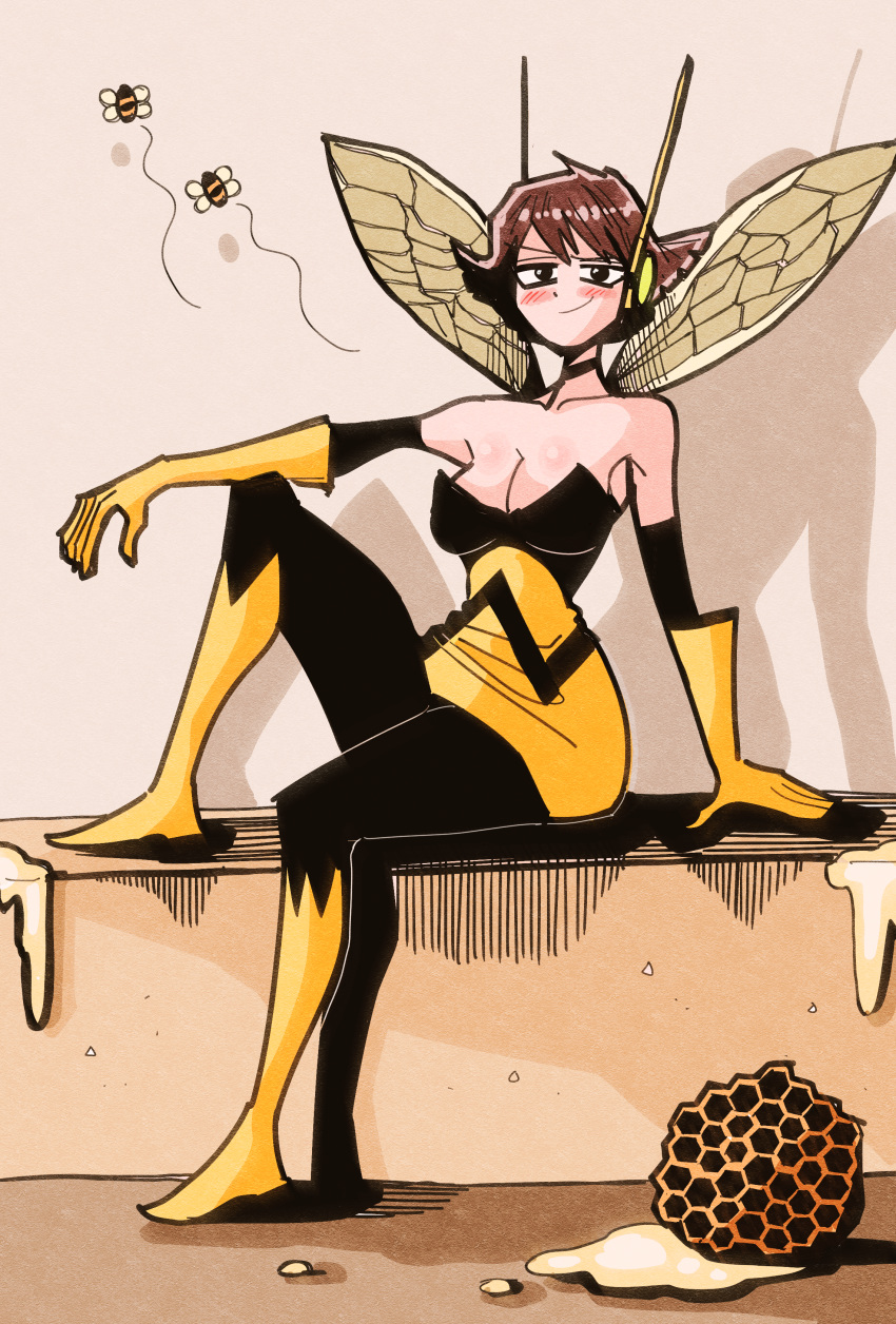 1girl absurdres avengers_(series) bee bee_wings black_eyes blush breasts brown_hair bug cleavage commission gloves hansoom_(latebirdwakeup) highres honeycomb_(object) insect_wings marvel sitting smile solo superhero wasp_(marvel) wings yellow_gloves