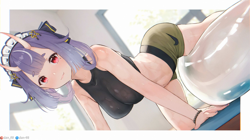 1girl all_fours breasts closed_mouth commission dan-98 day highres horns indoors large_breasts looking_at_viewer mole mole_under_eye oni paid_reward_available pixiv_commission purple_hair red_eyes shorts shune_(virtual_hertz) smile solo thick_eyebrows thighs virtual_hertz virtual_youtuber wet