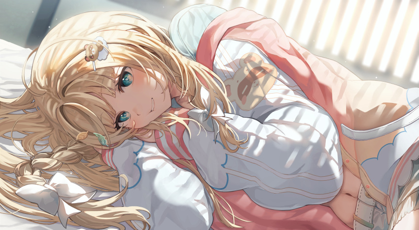 1girl blonde_hair blue_eyes blush hair_ornament highres hololive jacket kakeru_(kakekaker001) kazama_iroha long_hair looking_at_viewer lying navel on_side ponytail smile solo virtual_youtuber