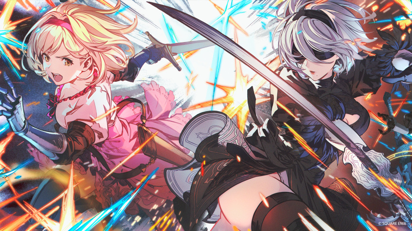 2b_(nier:automata) 2girls black_blindfold black_dress black_gloves black_hairband black_thighhighs blindfold blonde_hair boots breasts brown_eyes cleavage clothing_cutout commentary_request covered_eyes crossover djeeta_(granblue_fantasy) dress feather-trimmed_sleeves fighting_stance gauntlets gloves granblue_fantasy granblue_fantasy_versus:_rising hairband highres holding holding_sword holding_weapon juliet_sleeves long_sleeves medium_breasts minaba_hideo mole mole_under_mouth multiple_girls nier:automata nier_(series) official_art open_mouth parted_lips pink_dress pink_hairband puffy_sleeves short_hair sword thighhighs thighhighs_under_boots virtuous_contract weapon white_hair
