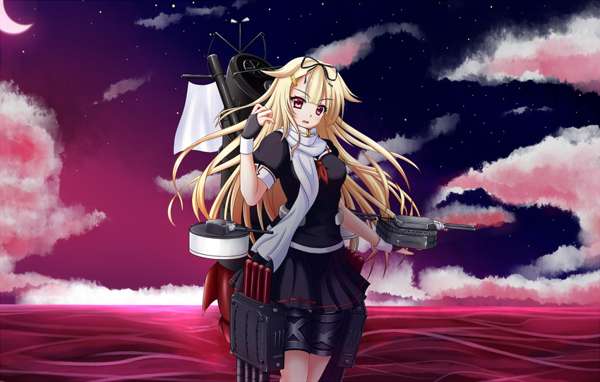 blonde_hair bow cannon cloud cloudy_sky crescent_moon fingerless_gloves gloves hair_bow hair_flaps hair_ornament hairclip kantai_collection long_hair machinery messy_hair moon open_mouth red_eyes remodel_(kantai_collection) scarf school_uniform serafuku skirt sky solo star_(sky) starry_moon starry_sky thigh_strap toid310 turret wavy_mouth yuudachi_(kantai_collection)