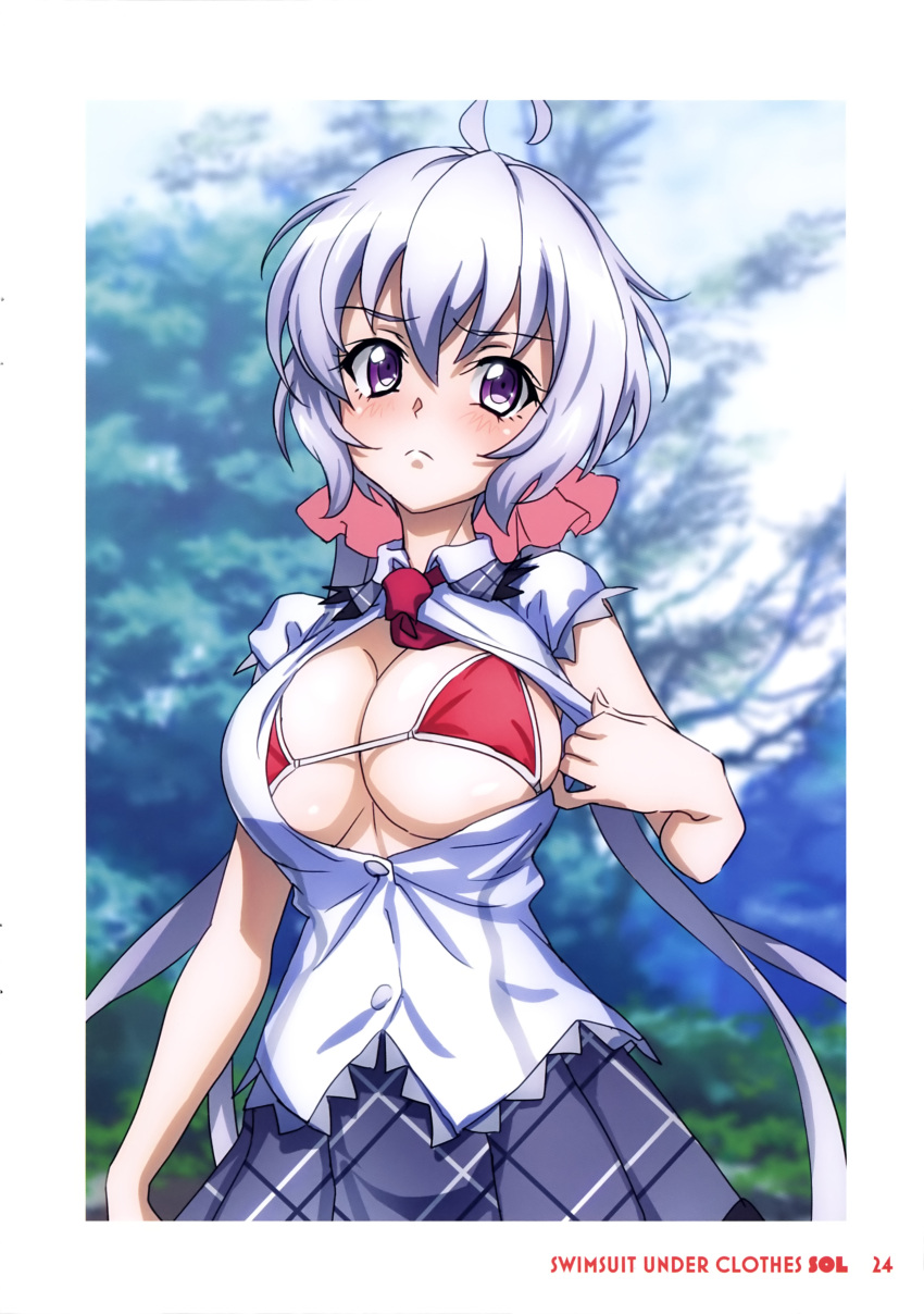 1girl absurdres ahoge bikini bikini_under_clothes blush breasts cleavage fujikawa_daichi highres large_breasts long_hair looking_at_viewer low_twintails necktie one_breast_out open_clothes open_shirt red_necktie senki_zesshou_symphogear sideboob skirt swimsuit twintails unbuttoned unbuttoned_shirt underboob white_hair yukine_chris