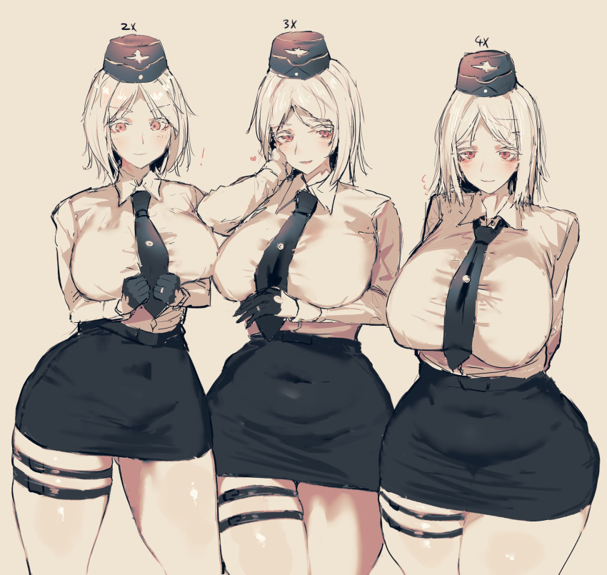 3girls age_progression akitaka_takaaki alternate_breast_size alternate_costume black_necktie black_skirt blonde_hair blush breasts colored_eyelashes garrison_cap german_clothes girls'_frontline gloves half_gloves hat highres historical_connection huge_breasts looking_at_viewer military_hat mp40_(girls'_frontline) multiple_girls necktie red_eyes simple_background skirt thigh_strap uniform white_background