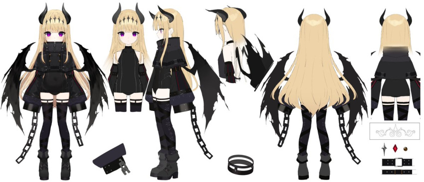 1girl backless_swimsuit bell_sleeves belt black_belt black_capelet black_footwear black_horns black_one-piece_swimsuit black_sleeves black_thighhighs black_wings blonde_hair blunt_bangs blush boots buran_buta capelet chain circlet collared_capelet commentary covered_navel demon_girl demon_horns detached_sleeves diadem english_commentary expressionless flat_chest fold-over_boots from_behind from_side halterneck high_collar high_heel_boots high_heels horns legwear_garter long_hair multiple_views okumura_anya old_school_swimsuit one-piece_swimsuit platform_footwear purple_eyes school_swimsuit school_swimsuit_flap second-party_source sidelocks sleeves_past_fingers sleeves_past_wrists spanish_commentary swimsuit thighhighs torn_wings turnaround very_long_hair virtual_youtuber wactor_production white_background wide_sleeves wings