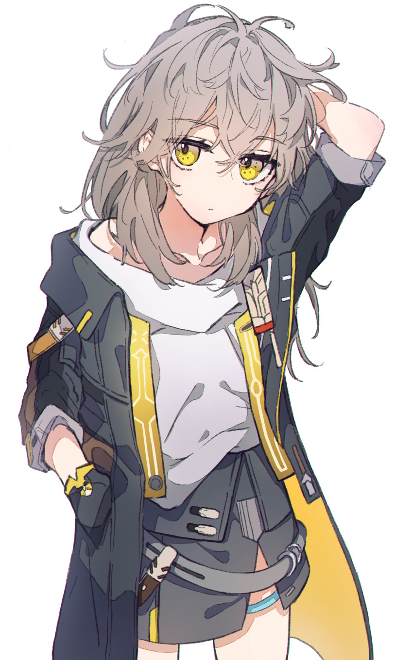 1girl absurdres aitekku arm_up black_skirt collarbone cowboy_shot double-parted_bangs grey_hair hair_between_eyes hand_in_own_hair hand_in_pocket highres honkai:_star_rail honkai_(series) jacket long_hair messy_hair no_nose off-shoulder_shirt off_shoulder open_clothes open_jacket shirt simple_background skirt solo stelle_(honkai:_star_rail) trailblazer_(honkai:_star_rail) white_background white_shirt