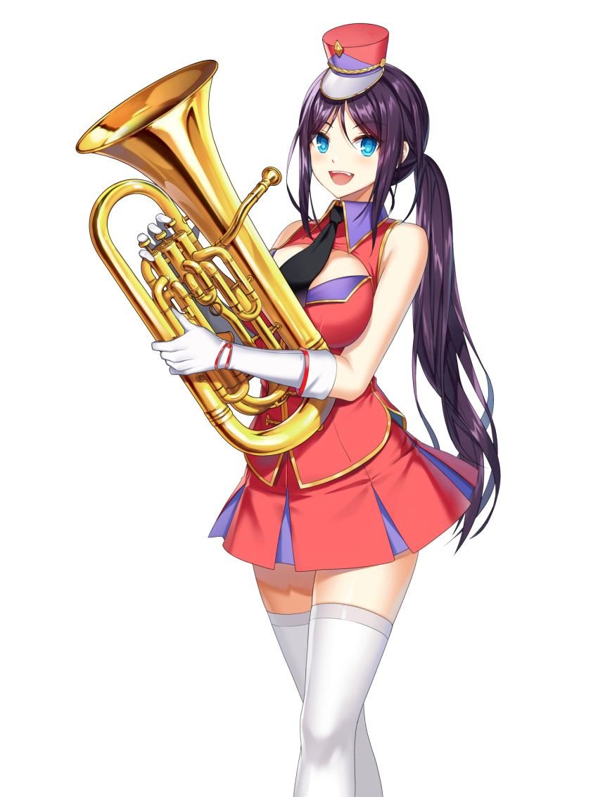 1girl :d alternate_hair_color band_uniform bare_shoulders black_necktie blue_eyes breasts buttons cleavage_cutout closers clothing_cutout collared_jacket double-breasted euphonium feet_out_of_frame fold-over_gloves gloves hands_up hat highres holding holding_instrument impossible_clothes impossible_jacket instrument jacket large_breasts long_hair looking_at_viewer looking_to_the_side marching_band mini_shako_cap miniskirt necktie official_art parted_bangs pleated_skirt ponytail purple_hair red_headwear red_jacket red_skirt shako_cap sidelocks skirt sleeveless sleeveless_jacket smile solo teeth thighhighs uniform upper_teeth_only very_long_hair walking white_background white_gloves white_thighhighs wing_collar yuri_seo zettai_ryouiki