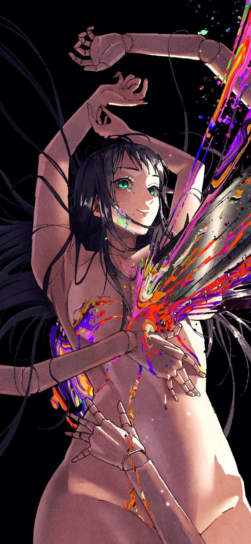 1girl absurdres arms_up black_background black_hair blood breasts censored chainsaw chainsaw_man commentary_request completely_nude darkness_flesh_(chainsaw_man) doll_joints erupusai2 extra_arms green_eyes highres joints long_hair looking_at_viewer medium_breasts nude santa_claus_(chainsaw_man) simple_background solo stylized_blood