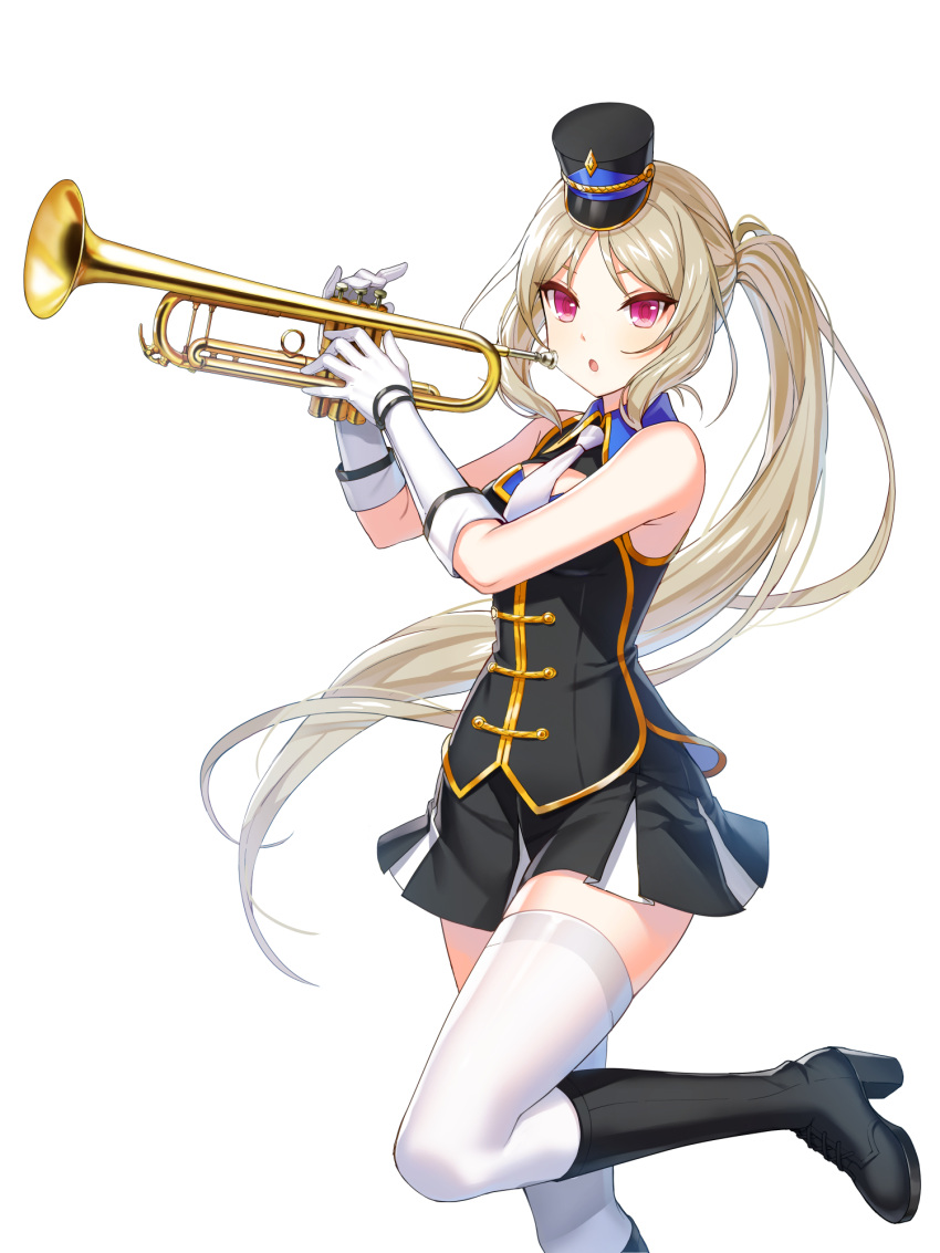 1girl :o alternate_hair_color band_uniform bare_shoulders black_footwear black_headwear black_jacket black_skirt blonde_hair boots breasts buttons cleavage_cutout closers clothing_cutout collared_jacket cowboy_shot double-breasted fold-over_gloves gloves hands_up hat high_heels highres holding holding_instrument holding_trumpet instrument jacket knee_boots leg_up long_hair looking_at_viewer luna_aegis_(closers) marching_band mini_shako_cap miniskirt necktie official_art parted_bangs pink_eyes pleated_skirt ponytail shako_cap sidelocks skirt sleeveless sleeveless_jacket small_breasts solo standing standing_on_one_leg thighhighs trumpet uniform very_long_hair white_background white_gloves white_necktie white_thighhighs wing_collar zettai_ryouiki