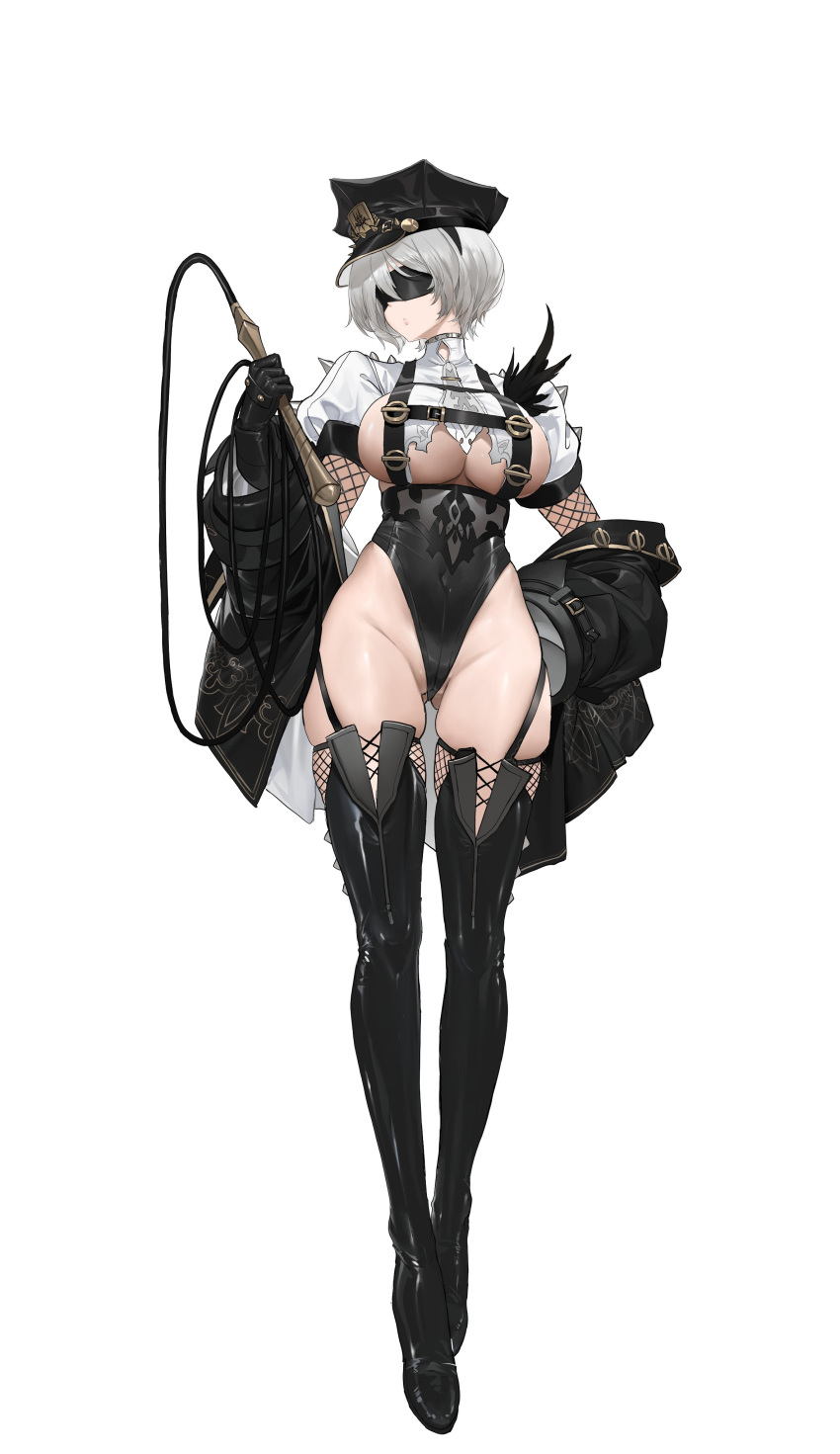 1girl 2b_(nier:automata) absurdres artist_name black_footwear black_headwear black_jacket blindfold boots breasts dishwasher1910 full_body hat highres holding holding_whip jacket large_breasts leotard nier:automata nier_(series) peaked_cap short_hair simple_background skindentation solo standing thigh_boots thighhighs thighs whip white_background white_hair