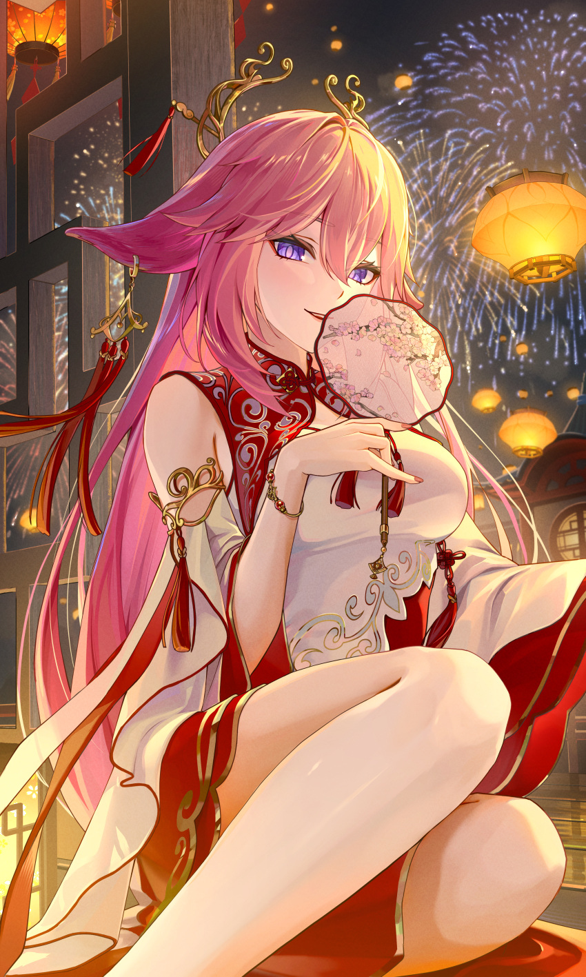 1girl absurdres alternate_costume animal_ears bibi_(obb_spl) breasts china_dress chinese_clothes dress fox_ears genshin_impact hand_fan highres holding holding_fan long_hair looking_at_viewer medium_breasts pink_hair purple_eyes solo yae_miko