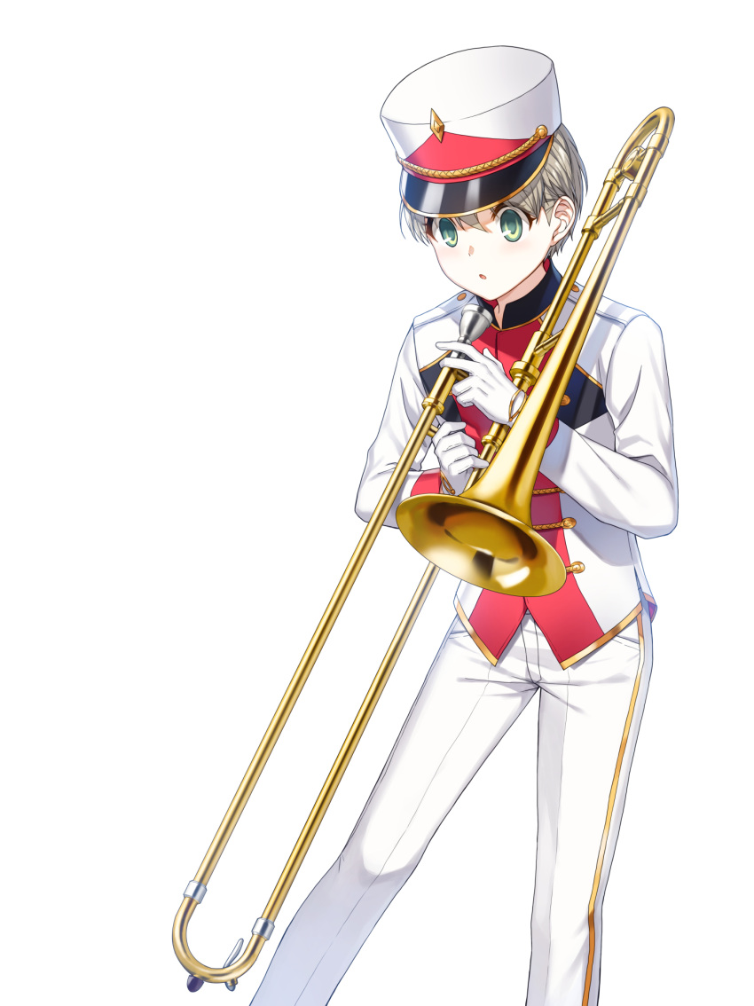 1boy :o band_uniform brown_hair buttons closers collared_jacket double-breasted feet_out_of_frame gloves green_eyes hand_up hat high_collar highres holding holding_instrument holding_trombone instrument jacket leaning_forward legs_apart long_sleeves looking_down male_focus marching_band mistilteinn_(closers) official_art pants shako_cap short_hair single_vertical_stripe solo standing teeth trombone uniform upper_teeth_only white_background white_gloves white_headwear white_jacket white_pants