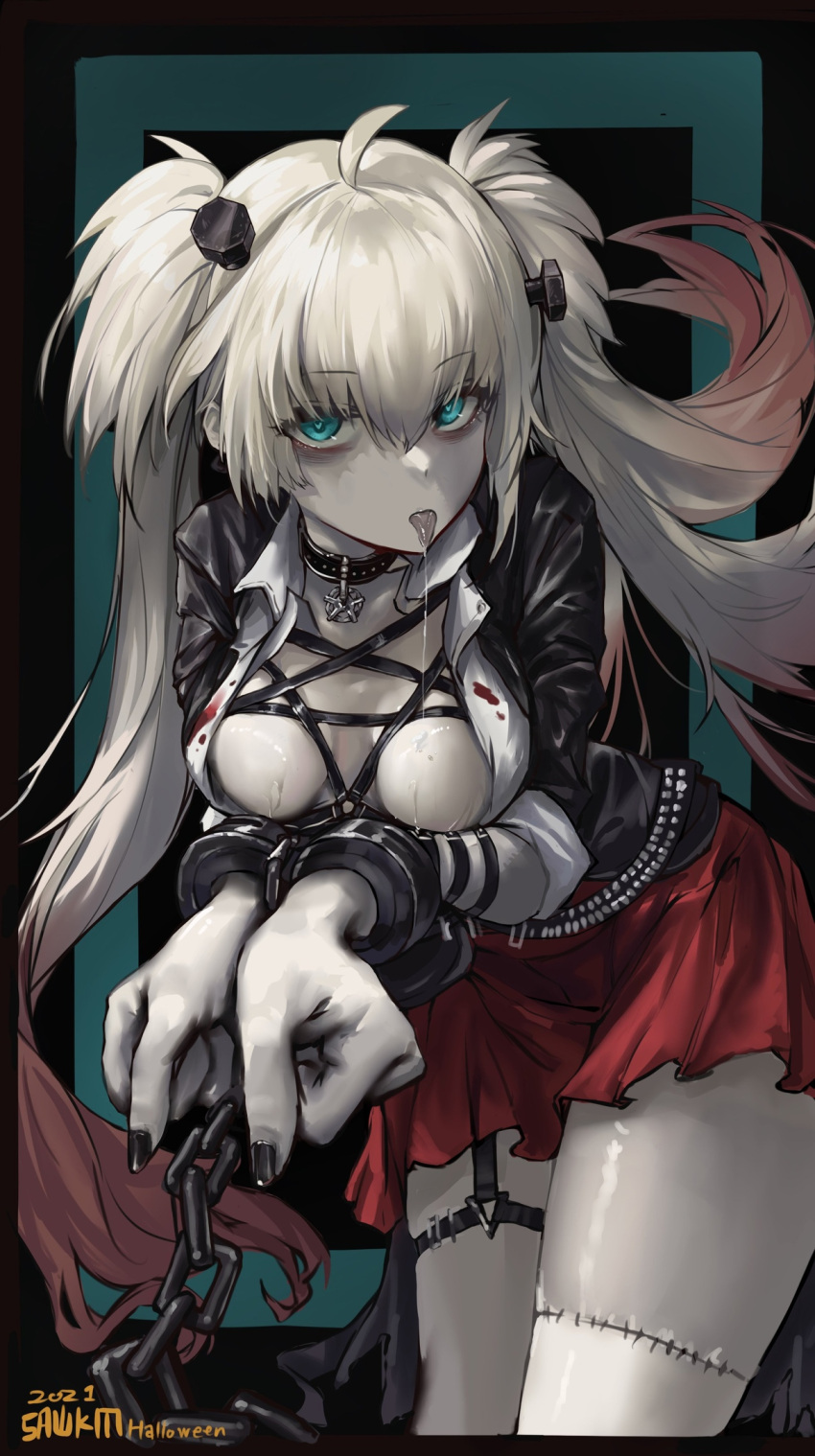 1girl 2021 aqua_eyes artist_name bad_id bad_twitter_id black_jacket black_nails breasts chain chained choker cowboy_shot cuffed cuffs girls'_frontline gradient_hair halloween halloween_costume highres inverted_pentagram jacket long_hair looking_at_viewer lwmmg_(girls'_frontline) lwmmg_(patchworker's_soliloquy)_(girls'_frontline) medium_breasts multicolored_hair object_through_head official_alternate_costume pale_skin pentagram red_hair red_skirt saliva saliva_on_breasts saliva_trail sawkm screw_in_head simple_background skirt solo stitched_leg stitches tongue tongue_out twintails white_hair