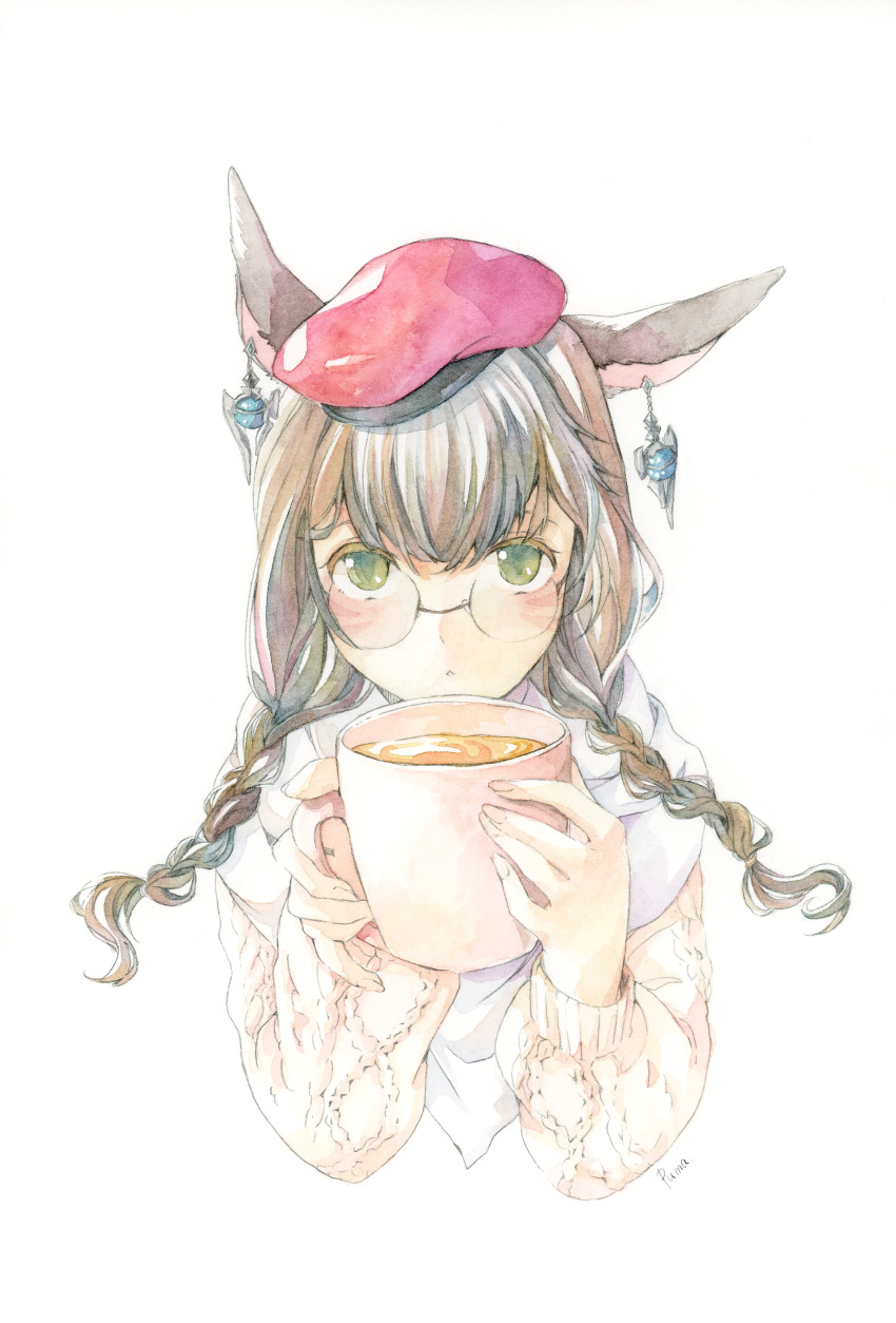1girl absurdres animal_ear_piercing animal_ears blush braid brown_hair cat_ears commission cropped_torso cup dangle_earrings earrings final_fantasy final_fantasy_xiv green_eyes highres holding holding_cup jewelry long_sleeves miqo'te oekaki_rabbits painting_(medium) pink_sweater red_headwear round_eyewear skeb_commission solo sweater traditional_media twin_braids watercolor_(medium)