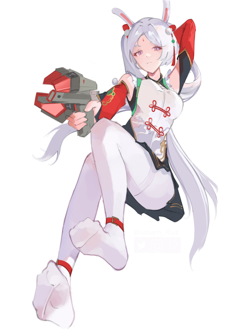 1girl absurdres aether_gazer animal_ears arm_behind_head arm_up breasts character_request closed_mouth cmdr_saturn detached_sleeves dress english_commentary full_body grey_hair gun highres holding holding_gun holding_weapon long_hair looking_at_viewer medium_breasts no_shoes pantyhose parted_bangs purple_eyes rabbit_ears simple_background solo thighband_pantyhose weapon white_background white_dress white_pantyhose