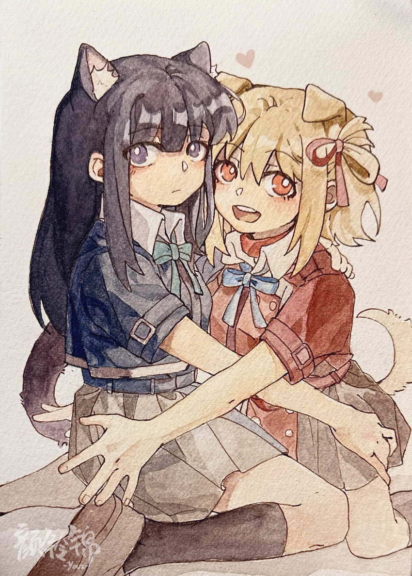 2girls absurdres animal_ears black_hair black_socks blue_dress blue_ribbon bright_pupils brown_footwear cat_ears cat_girl cat_tail chinese_commentary closed_mouth commentary_request dog_ears dog_girl dog_tail dress expressionless hair_ribbon hand_on_another's_ass heart highres inoue_takina kemonomimi_mode long_hair lycoris_recoil lycoris_uniform multiple_girls neck_ribbon nishikigi_chisato one_side_up open_mouth orange_eyes painting_(medium) pleated_skirt purple_eyes red_dress red_ribbon ribbon short_sleeves skirt smile socks tail traditional_media watercolor_(medium) white_pupils yanlingjinshilihuahua yuri