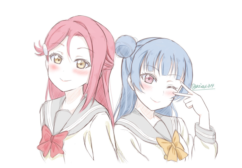 2girls aziazi014 blue_hair blush bow braid commentary_request crown_braid grey_sailor_collar hair_bun highres long_sleeves looking_at_viewer love_live! love_live!_sunshine!! multiple_girls one_eye_closed partial_commentary purple_eyes red_bow red_hair sailor_collar sakurauchi_riko scene_reference school_uniform serafuku single_side_bun sketch smile tsushima_yoshiko uranohoshi_school_uniform v_over_eye watermark white_background yellow_bow