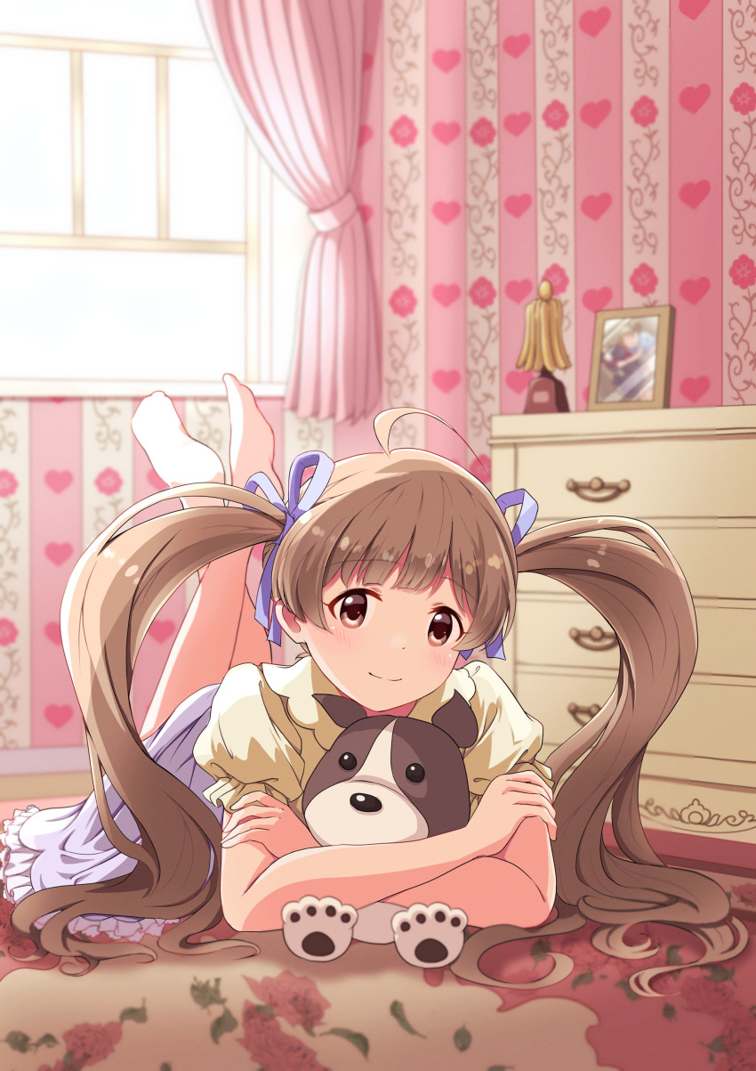 1girl absurdres ahoge animal barefoot birthday border_collie brown_eyes brown_hair collared_shirt commentary_request crossed_arms crossed_legs curtains dog dot_nose drawer floral_print frilled_shirt frilled_skirt frills hair_ribbon hakozaki_serika highres holding holding_animal holding_dog idolmaster idolmaster_million_live! indoors legs_up light_blush light_smile long_hair looking_at_viewer lying medium_bangs on_stomach picture_frame pink_curtains puffy_short_sleeves puffy_sleeves purple_ribbon purple_skirt ribbon rug shirt short_sleeves skirt solo split_mouth swept_bangs twintails wallpaper_(object) window yellow_shirt yukiho_kotori