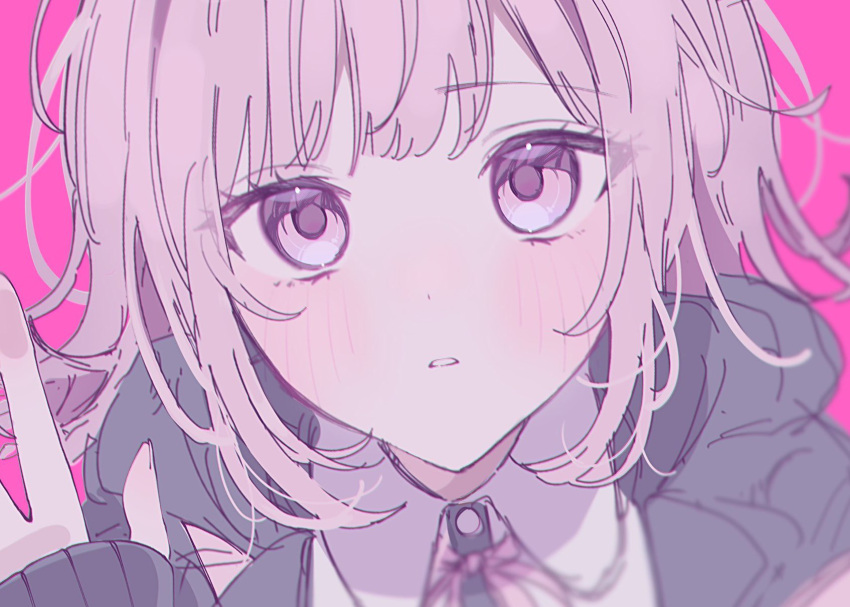 1girl black_shirt blush collared_shirt danganronpa_(series) danganronpa_2:_goodbye_despair flipped_hair hand_up highres long_sleeves messy_hair nanami_chiaki neck_ribbon no_hair_ornament parted_lips pink_background pink_eyes pote_(pote_39) ribbon shirt solo teeth two-tone_shirt white_shirt